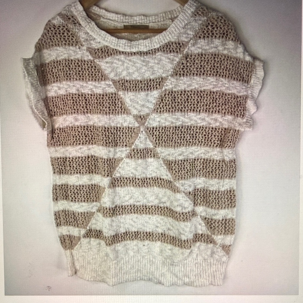RW & CO. Women White Beige Striped Short Sleeve Knit Sweater Top Size L